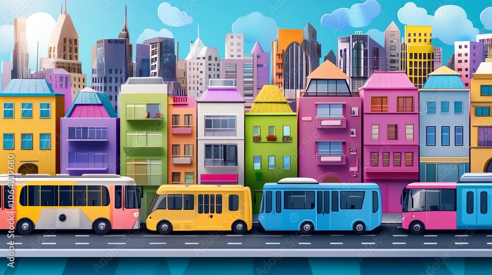 Obraz premium Vibrant cityscape with colorful buildings and buses on a sunny day, showcasing urban life and modern architecture in a lively neighborhood.