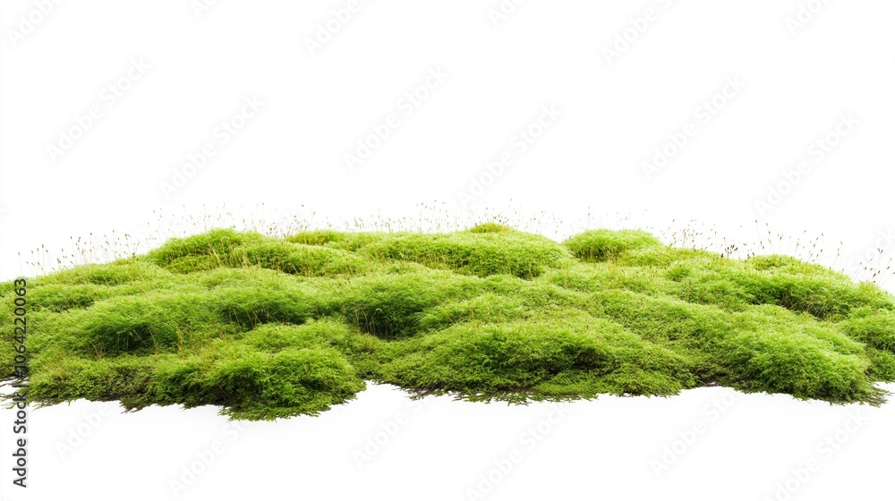 Close-up view of vibrant green mosses with textured appearance. Dense cluster creates depth, dimension. White background contrasts with moss, focusing attention on details. Close-up view of vibrant green mosses with textured appearance. Dense cluster creates depth, dimension. White background contrasts with moss, focusing attention on details.
