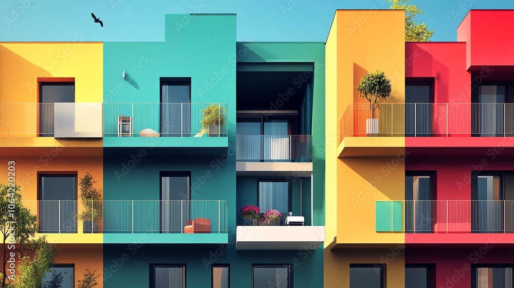 Vibrant, modern apartment building with colorful facades, featuring balconies and plants, under a clear blue sky. Vibrant, modern apartment building with colorful facades, featuring balconies and plants, under a clear blue sky.