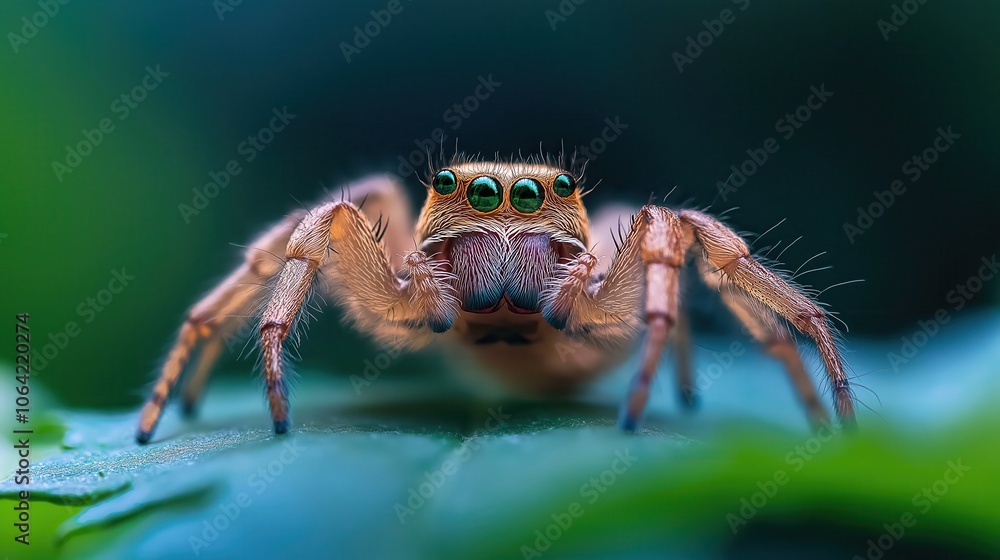 Mesmerizing macro shot of a curious spider with intricate features and compound eyes crawling on a vibrant green leaf in a natural outdoor setting Mesmerizing macro shot of a curious spider with intricate features and compound eyes crawling on a vibrant green leaf in a natural outdoor setting