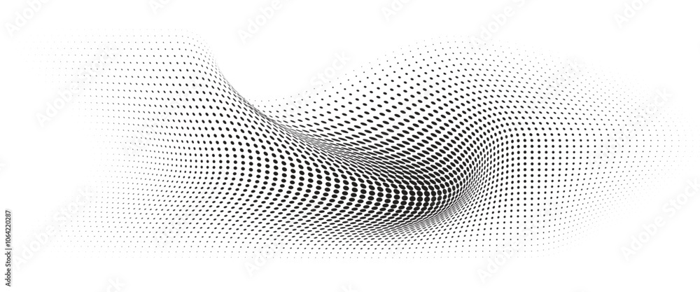 Flowing Wave Dot Halftone Pattern: Curve Gradient Shape on Transparent Background. Suitable for AI, Tech, Network, Digital, Science, and Technology Themes. Flowing Wave Dot Halftone Pattern: Curve Gradient Shape on Transparent Background. Suitable for AI, Tech, Network, Digital, Science, and Technology Themes.