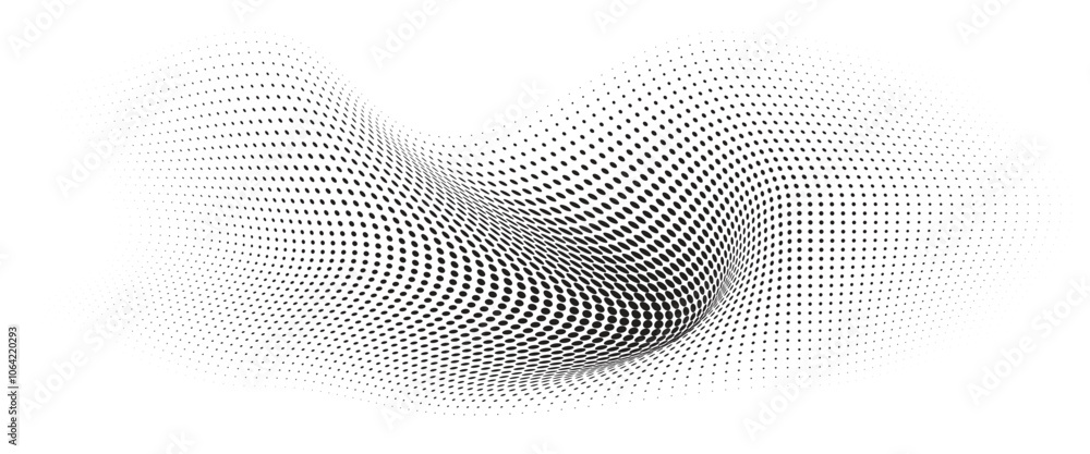 Flowing Wave Dot Halftone Pattern: Curve Gradient Shape on Transparent Background. Suitable for AI, Tech, Network, Digital, Science, and Technology Themes.