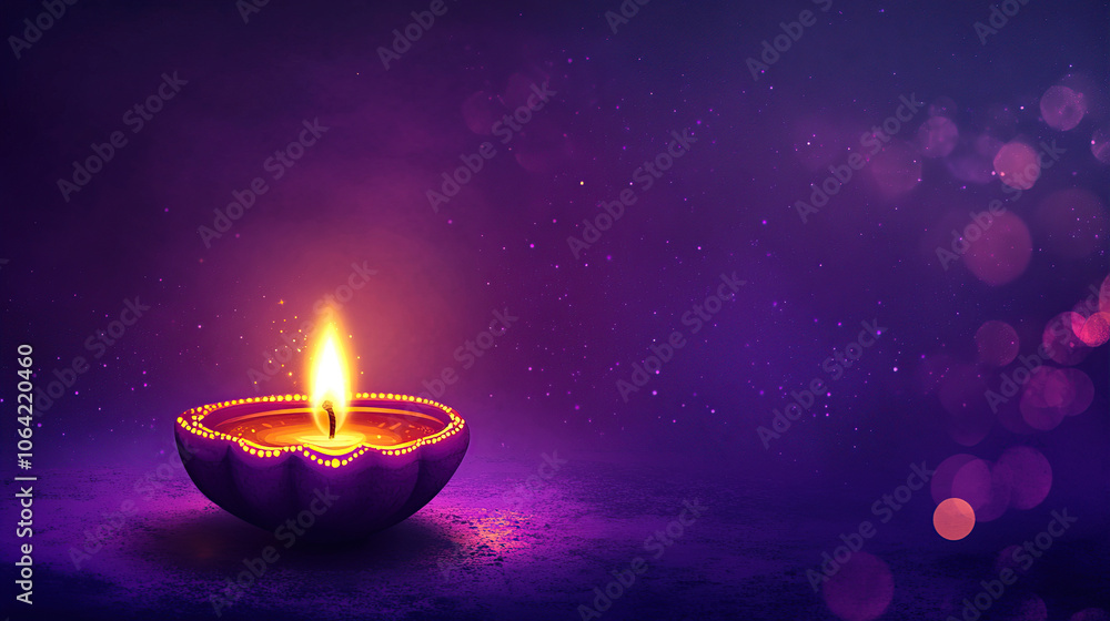 A purple background with a glowing diya lamp, symbolizing the lights of joy and prosperity during the Diwali festival celebration A purple background with a glowing diya lamp, symbolizing the lights of joy and prosperity during the Diwali festival celebration
