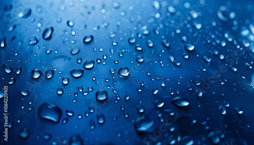 Crystal-clear water drops resting on a vibrant, dark surface with a dewy background, capturing nature’s serene beauty and texture