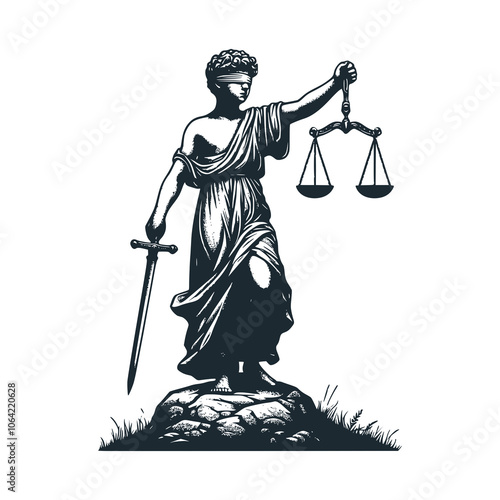 Statue of the goddess of justice lifting the scales. Black white vector illustration.