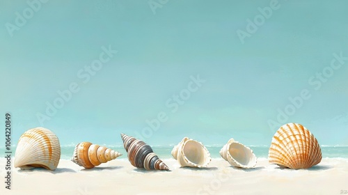   Five seashells arranged in a line along the beach near the water's edge, set against a backdrop of clear blue sky photo