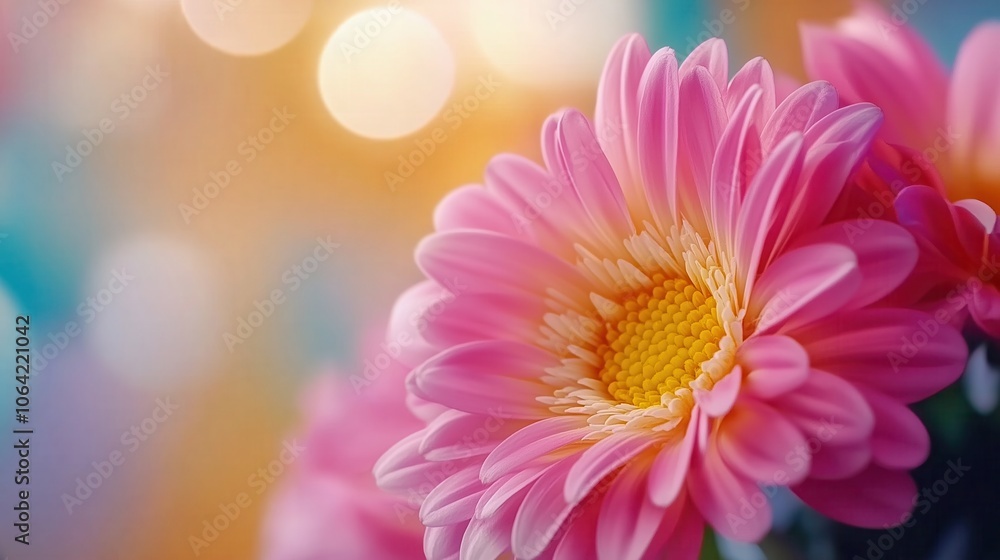 Fototapeta premium Stunning close up view of a vibrant pink and yellow daisy flower in full bloom set against a soft blurred natural background The delicate petals and bright colors create a captivating