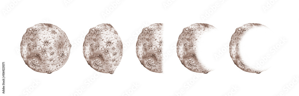 Moon phases in brown and beige tones set watercolor illustration. Cosmic body isolated from background. Astrology of moon phases. Design concept for poster, card, banner, clothing, wallpaper packaging Moon phases in brown and beige tones set watercolor illustration. Cosmic body isolated from background. Astrology of moon phases. Design concept for poster, card, banner, clothing, wallpaper packaging