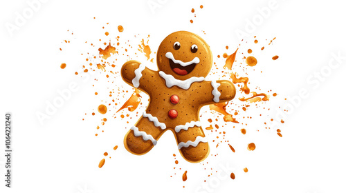 Gingerbread man cookie with icing, playful design, white isolated background.