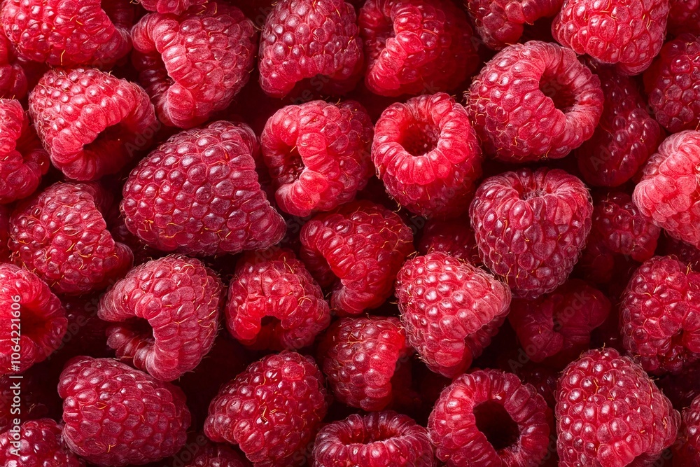Full frame closeup of fresh ripe red healthy raspberries in pile on stall Full frame closeup of fresh ripe red healthy raspberries in pile on stall