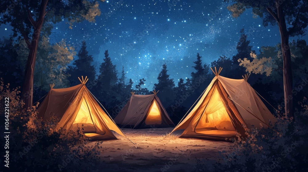 Nighttime camping scene with a starry sky and tents lit from inside Nighttime camping scene with a starry sky and tents lit from inside