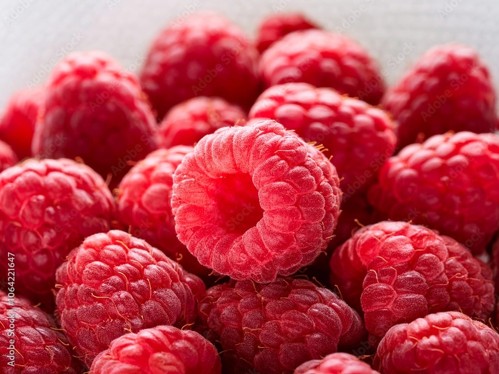 Full frame closeup of fresh ripe red healthy raspberries in pile on stall Full frame closeup of fresh ripe red healthy raspberries in pile on stall