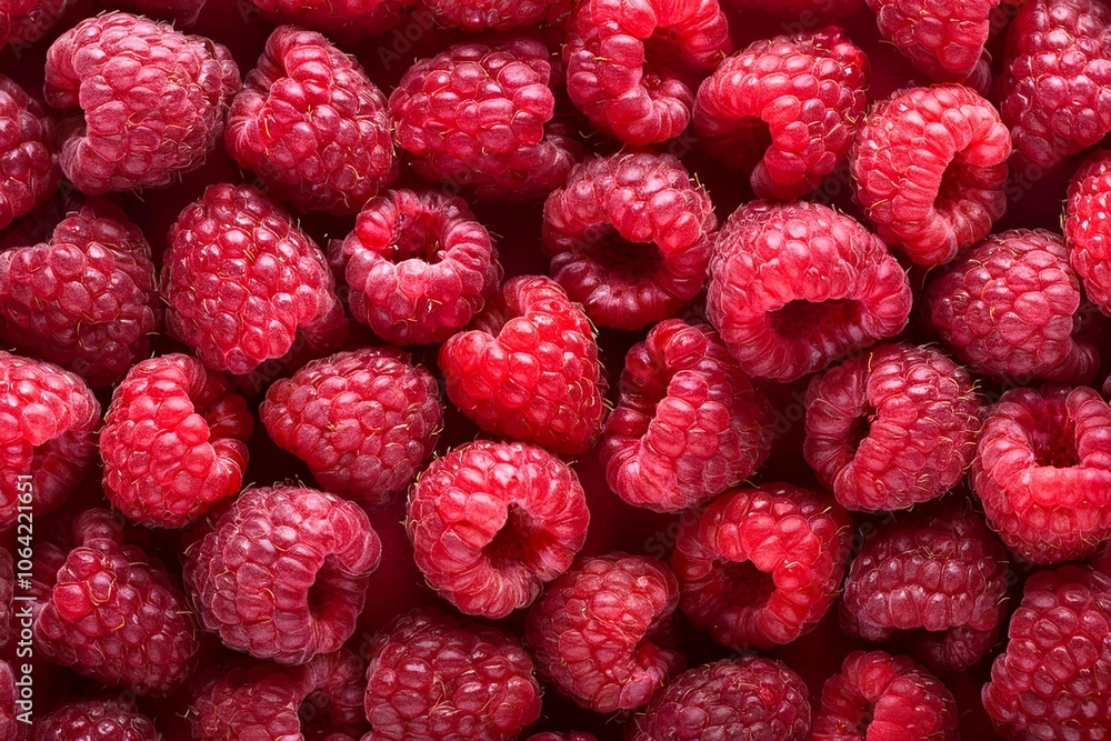 Full frame closeup of fresh ripe red healthy raspberries in pile on stall Full frame closeup of fresh ripe red healthy raspberries in pile on stall