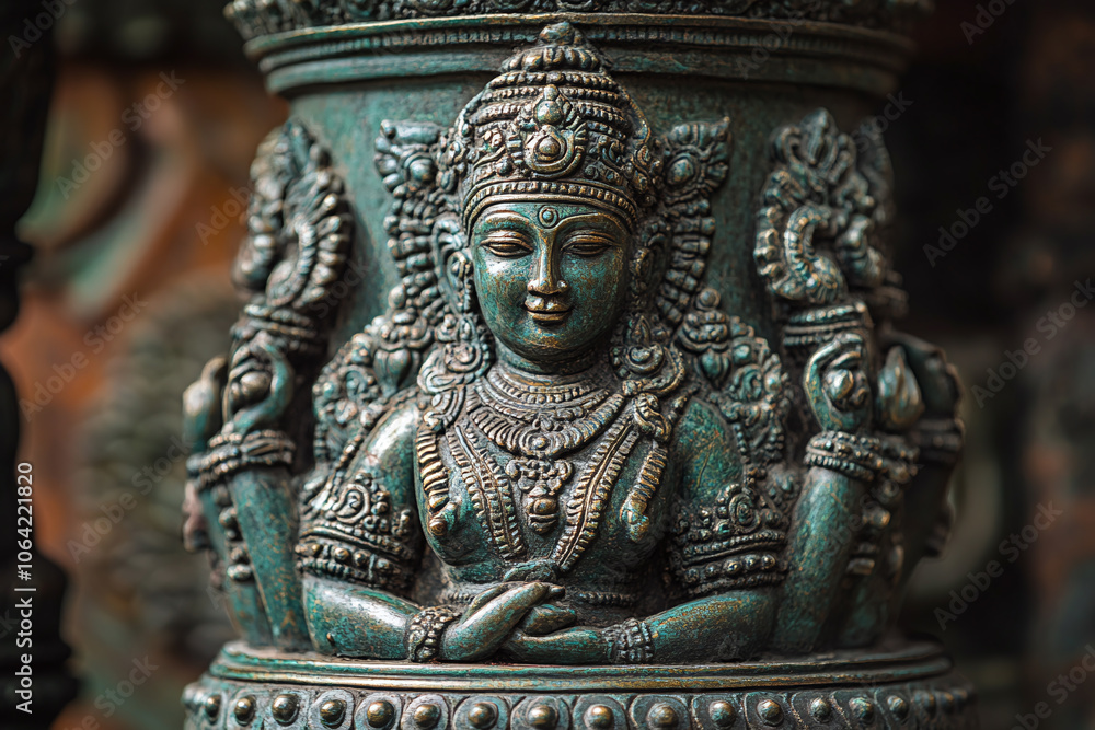 a brass bell with Hindu iconography in a temple. a brass bell with Hindu iconography in a temple.
