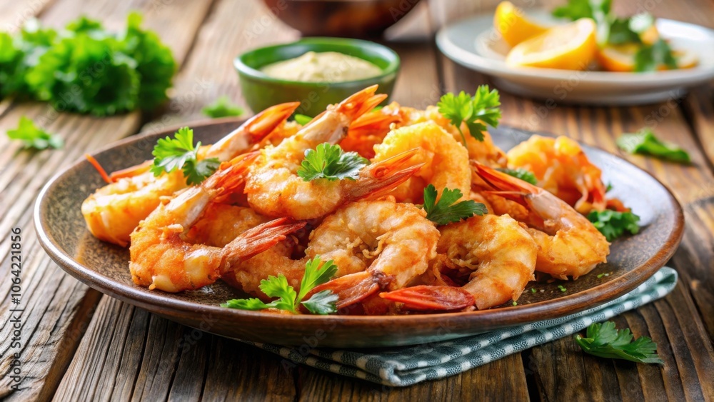 Fried shrimp on a plate with a shallow depth of field, shrimp, fried, plate, restaurant, seafood, delicious, crispy, appetizer Fried shrimp on a plate with a shallow depth of field, shrimp, fried, plate, restaurant, seafood, delicious, crispy, appetizer