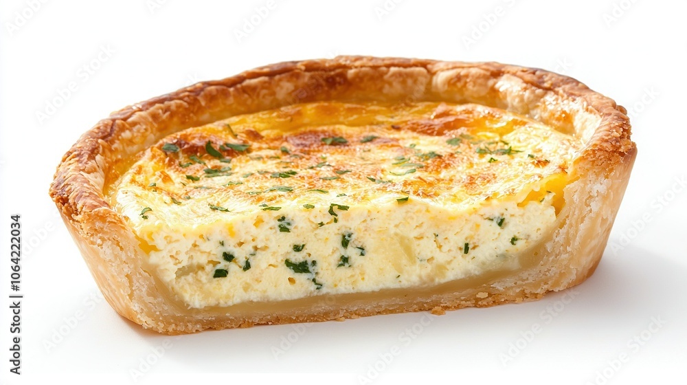 A white background features a close-up of a green-sprinkled quiche pie A white background features a close-up of a green-sprinkled quiche pie