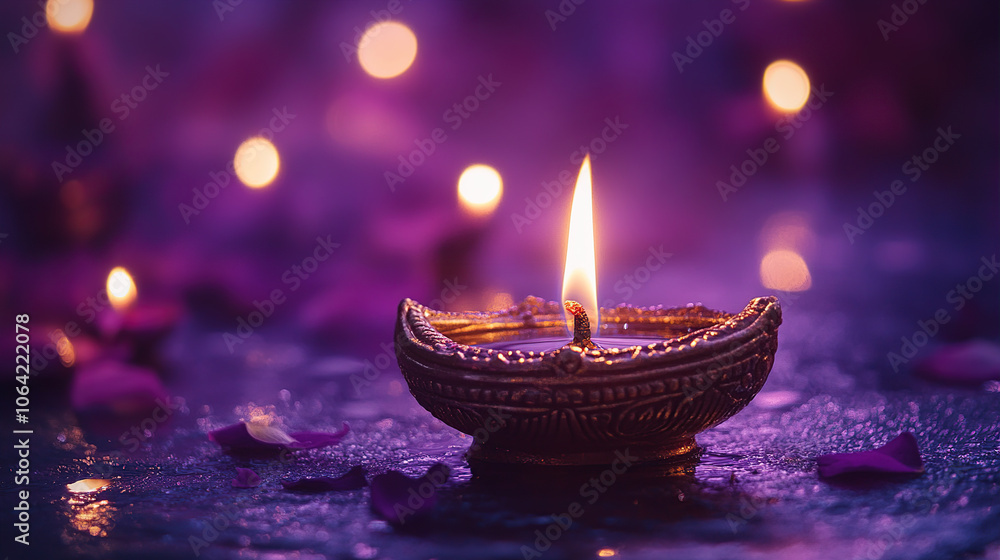 A purple background with a glowing diya lamp, symbolizing the lights of joy and prosperity during the Diwali festival celebration A purple background with a glowing diya lamp, symbolizing the lights of joy and prosperity during the Diwali festival celebration
