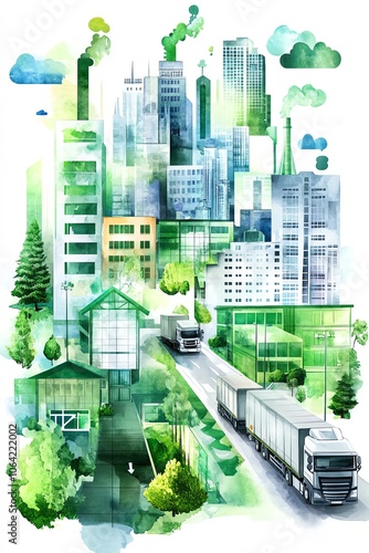 Watercolor illustration of a green cityscape with skyscrapers and trucks, emphasizing sustainability and urban transportation. photo