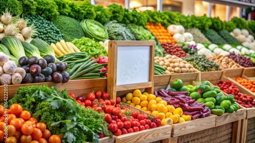 Fresh vegetable counter at local market with sign indicating locally sourced products, fresh, vegetables, counter, local, market