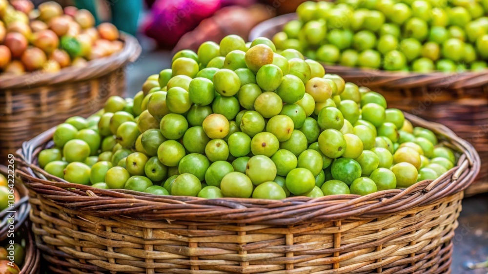 Indian gooseberry (amla) fruits in a rustic cane basket for sale at a market stall , amlaki, organic, fresh Indian gooseberry (amla) fruits in a rustic cane basket for sale at a market stall , amlaki, organic, fresh