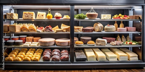 Black display case showcasing various meats and cheeses , deli, charcuterie, gourmet, food display, cold cuts