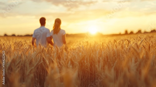 Young Couple Running Through Golden Wheat Field