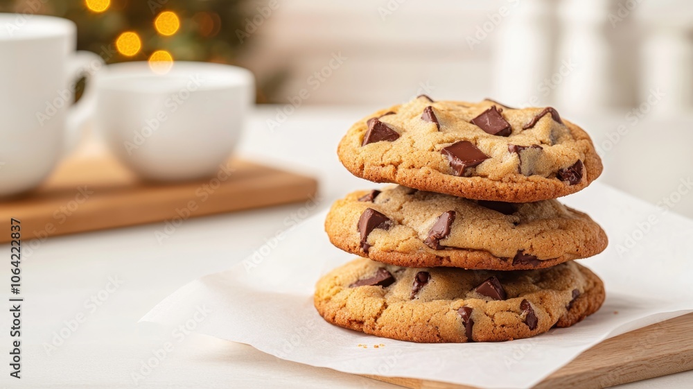 A delightful stack of chocolate chip cookies, accompanied by white cups, creating a cozy and inviting atmosphere for snack time.