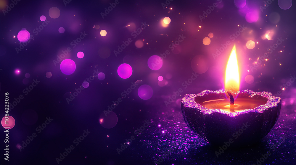A purple background with a glowing diya lamp, symbolizing the lights of joy and prosperity during the Diwali festival celebration A purple background with a glowing diya lamp, symbolizing the lights of joy and prosperity during the Diwali festival celebration