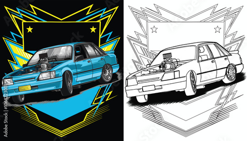 Outline blue and painted racing car. Isolated in black background, for t-shirt design. print, and for business purposes.
