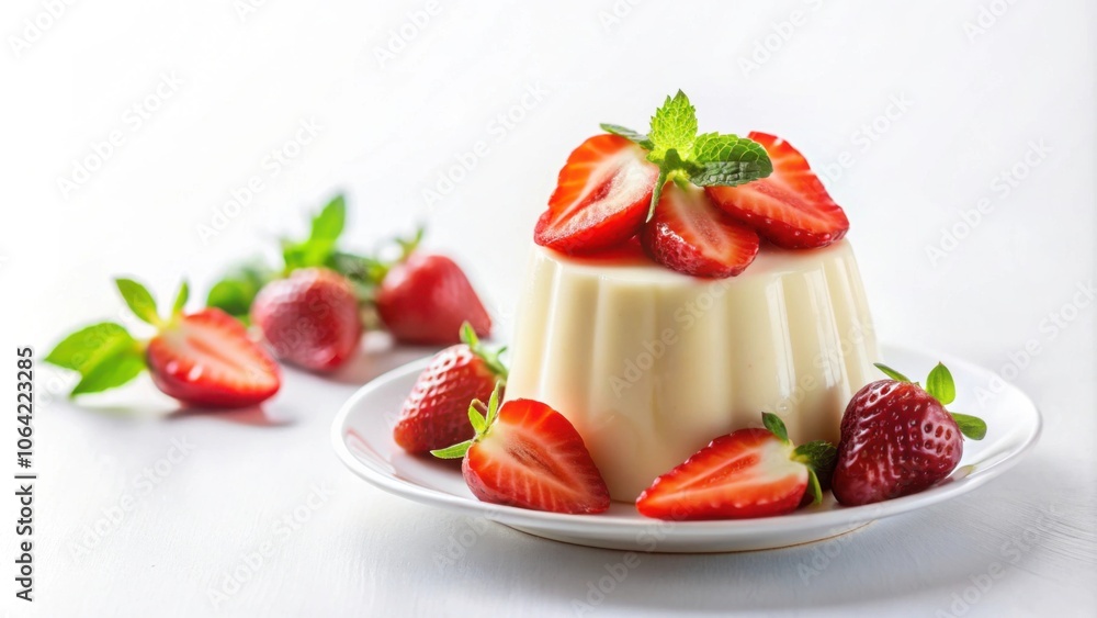 Panna cotta dessert with fresh strawberries on a white background , Italian, dessert, creamy, sweet, delicious, gourmet Panna cotta dessert with fresh strawberries on a white background , Italian, dessert, creamy, sweet, delicious, gourmet