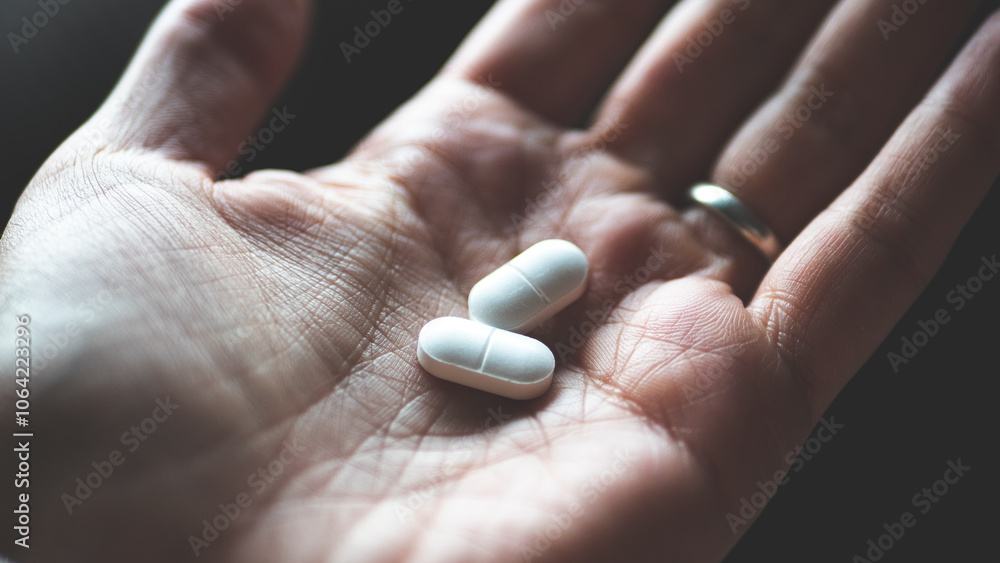 A hand holding white pill medicine minimalist close up A hand holding white pill medicine minimalist close up