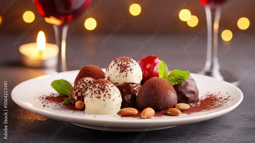 A tempting dessert plate featuring chocolate truffles, scoops of ice cream, and decorative mint leaves, set against a backdrop of soft lights and wine glasses. A tempting dessert plate featuring chocolate truffles, scoops of ice cream, and decorative mint leaves, set against a backdrop of soft lights and wine glasses.