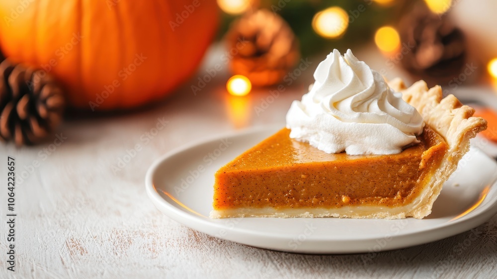 A delicious slice of pumpkin pie topped with whipped cream, set against a warm autumn backdrop of pumpkins and pinecones. A delicious slice of pumpkin pie topped with whipped cream, set against a warm autumn backdrop of pumpkins and pinecones.