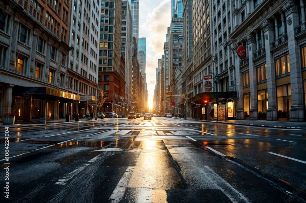 Urban street scene at sunrise with wet pavement reflecting warm light, surrounded by tall buildings, creating a serene morning atmosphere.. Urban street scene at sunrise with wet pavement reflecting warm light, surrounded by tall buildings, creating a serene morning atmosphere..