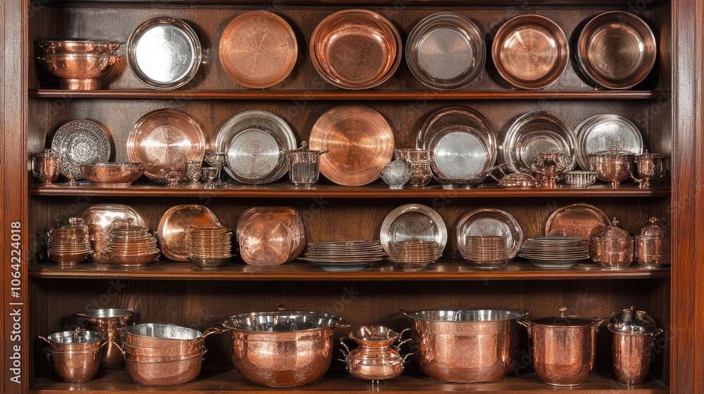 Copper Cookware Collection on Wooden Shelf Copper Cookware Collection on Wooden Shelf