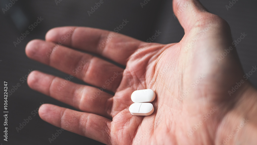 A hand holding white pill medicine minimalist close up A hand holding white pill medicine minimalist close up