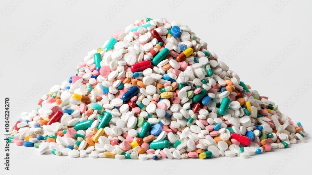 Medication Overload: Pile of Prescription Pills Spilling Out, Highlighting Health Risks of Dependency and Overuse Medication Overload: Pile of Prescription Pills Spilling Out, Highlighting Health Risks of Dependency and Overuse