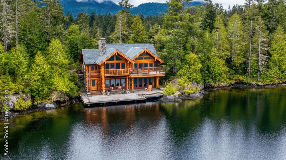 Log Cabin by Serene Lake Surrounded by Lush Forest Log Cabin by Serene Lake Surrounded by Lush Forest