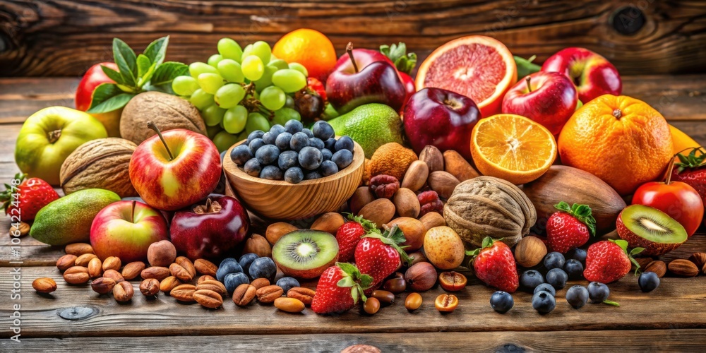 Assorted fresh fruits and nuts on a rustic wooden table , healthy, food, diet, studio photography, organic, mixed Assorted fresh fruits and nuts on a rustic wooden table , healthy, food, diet, studio photography, organic, mixed