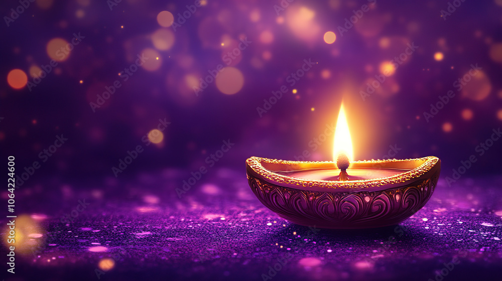 A purple background with a glowing diya lamp, symbolizing the lights of joy and prosperity during the Diwali festival celebration A purple background with a glowing diya lamp, symbolizing the lights of joy and prosperity during the Diwali festival celebration