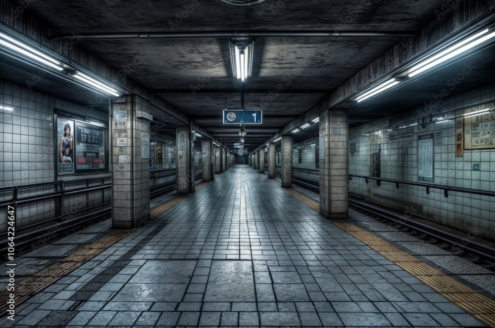 Deserted subway station platform illuminated by bright fluorescent lights, showcasing a clean, modern, and urban underground transit environment.. Deserted subway station platform illuminated by bright fluorescent lights, showcasing a clean, modern, and urban underground transit environment..
