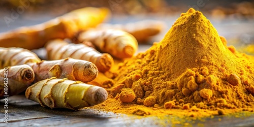 Close up shot of fresh turmeric root with vibrant yellow powder sprinkled on top , turmeric, curcuma longa photo