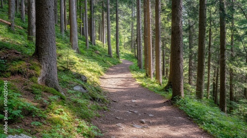 Serene Pathway Through Ancient Forest with Tall Trees