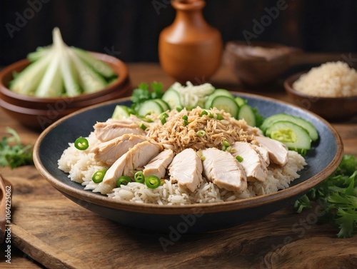 Hainanese Chicken Rice on a Wooden Surface