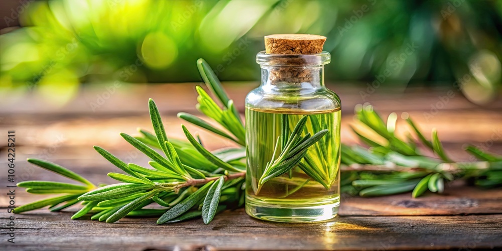 Close-up of a bottle glass of essential Rosemary oil with fresh rosemary leaves, herbal oil concept, Rosemary, oil, essential, bottle Close-up of a bottle glass of essential Rosemary oil with fresh rosemary leaves, herbal oil concept, Rosemary, oil, essential, bottle