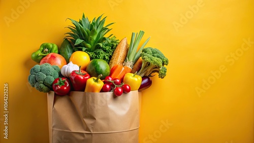 Paper shopping bag filled with colorful fruits and vegetables on a vibrant studio background , healthy, lifestyle, organic