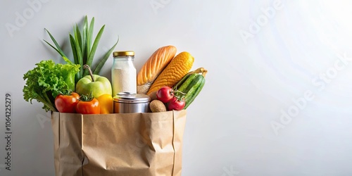 Grocery bag filled with non perishable products on light background, groceries, shopping, non perishable photo