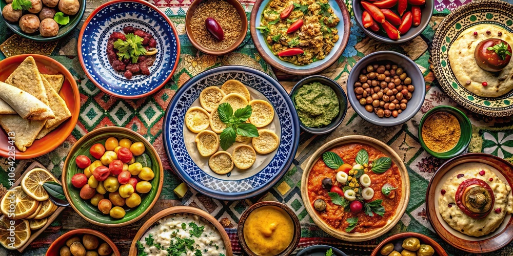 Top view of a beautifully set Eid table with traditional Moroccan halal food including hummus and other homemade meals , Ramadan Top view of a beautifully set Eid table with traditional Moroccan halal food including hummus and other homemade meals , Ramadan