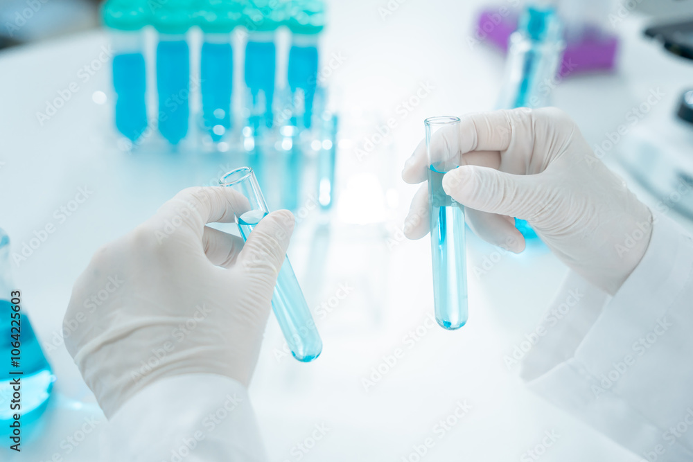 Scientist analyze biochemical sample in advanced scientific laboratory. Medical professional check chemical mix microbiological developmental of viral. Biotechnology research in science lab. cosmetic.