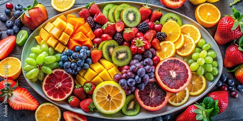 Colorful fruit platter showcasing a variety of fresh fruits, a source of vitamins and nutrients, fruit platter